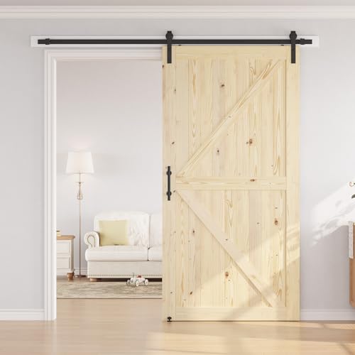 SMARTSTANDARD 36in x 84in Sliding Barn Door with 6.6ft Barn Door Hardware Kit Included, Unfinished Solid Spruce Wood Door, Assembly Required, DIY, Stainable, Natural