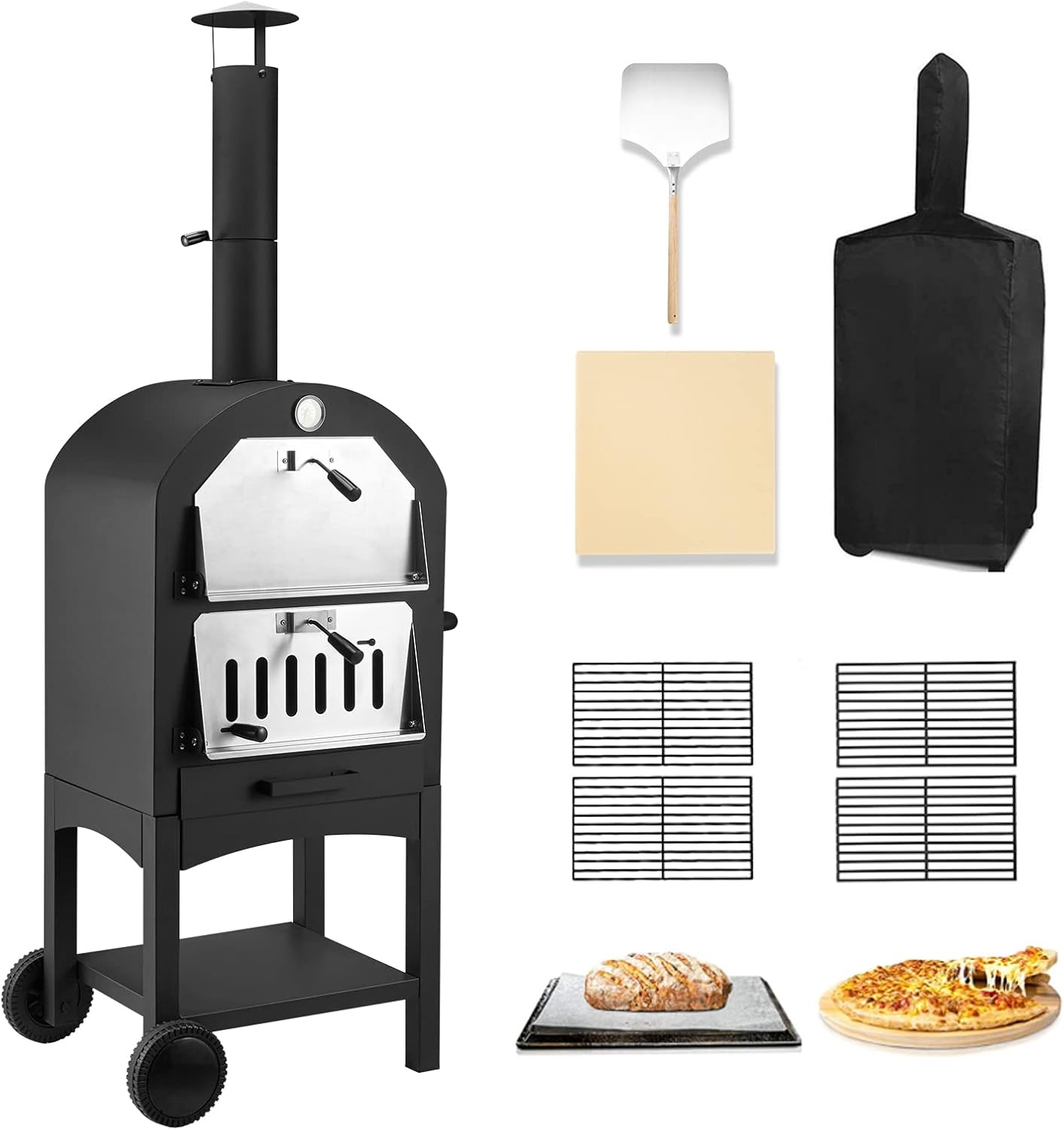U-MAX Outdoor Pizza Oven Wood Fire with Waterproof Cover, Freestanding, Steel Pizza Grill, Pizza Maker Camping Cooker with Pizza Stone