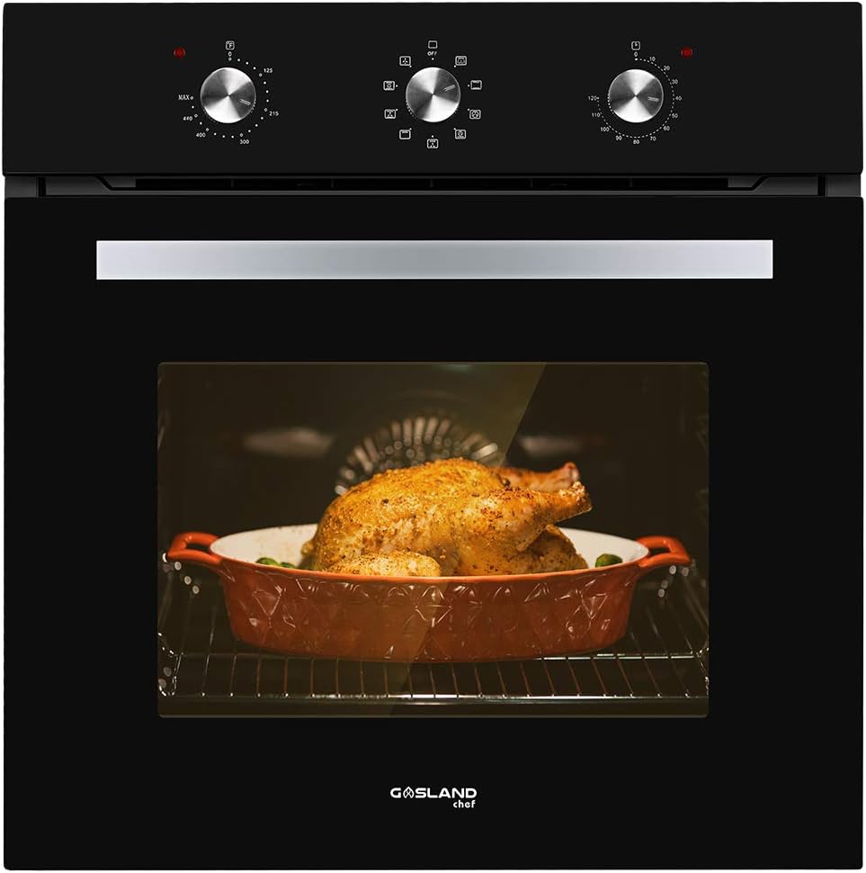 GASLAND Chef 24 Electric Single Wall Oven, 2.3Cu.f Multi-functional Built-in Black Glass, 240V 2000W 9 Cooking Function Electric Oven with Rotisserie Mechanical Knobs Control