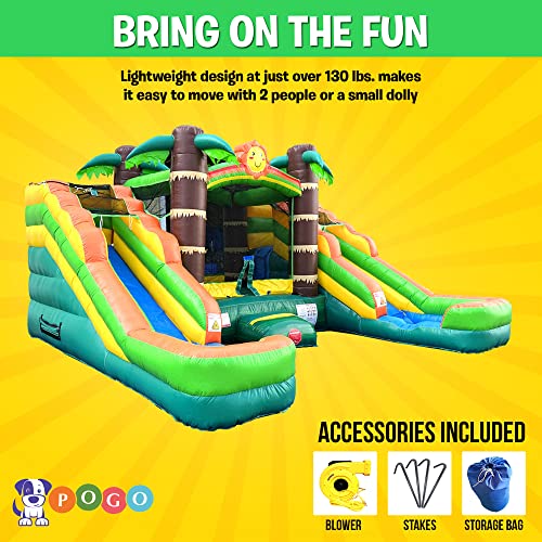 Pogo Bounce House Crossover Tropical Inflatable Bounce with Double Inflatable Water Slides for Kids, 16.5 x 15 x 11 Foot, Bouncy House, Commercial Outdoor Party Bouncer with Blower, Stakes, Bag