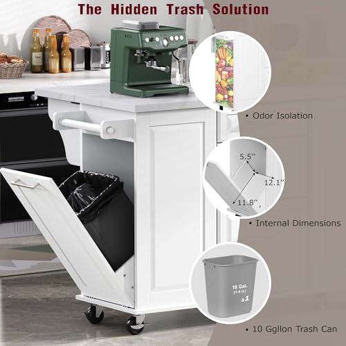 60" Kitchen Island with Drop Leaf and Power Outlet, Rolling Kitchen Cart on Wheels with Trash Can Storage Cabinet, Spice Rack, Towel Rack and Adjustable Shelf for Dining Room