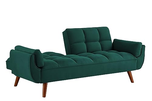 76 Inch Futon Sofa Bed, Modern Tufted Linen Fabric Convertible Sleeper Sofa with Adjustable Positions and Solid Wooden Legs, Comfy Split Back Sofa Couch with Pillow Top Arm for Living Room, Yellow
