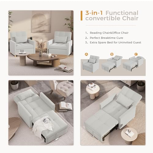 Esright Sleeper Chair, 3-in-1 Convertible Sofa Bed Adjustable Backrest with Throw Pillow, Pull Out Sofa Bed Couch for Small Space, Apartment, RV, Light Grey