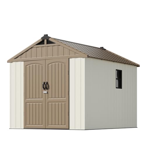 Patiowell 8 x 12 FT Plastic Outdoor Storage Shed with Floor, Resin Shed with Window and Lockable Door for Garden, Backyard, Tool Storage Use, Easy to Install in Beige (Kick-it Shed)
