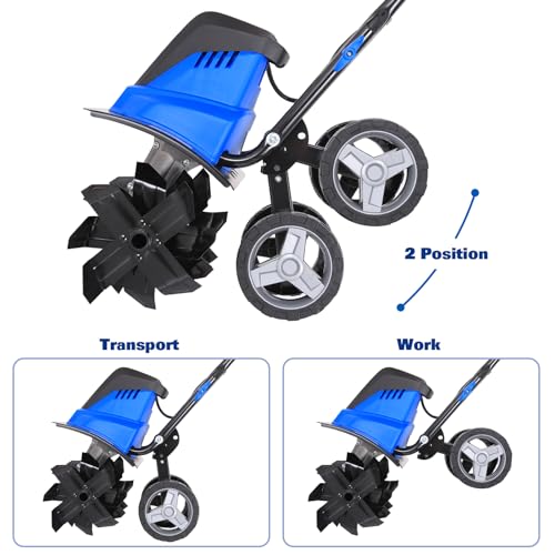 Electric Tiller Cultivator 16 inch, 13.5 Amp 6 Steel Tines Corded Tiller for Gardening with Foldable Handle, Garden Rototiller with Adjustble Wheels, Blue