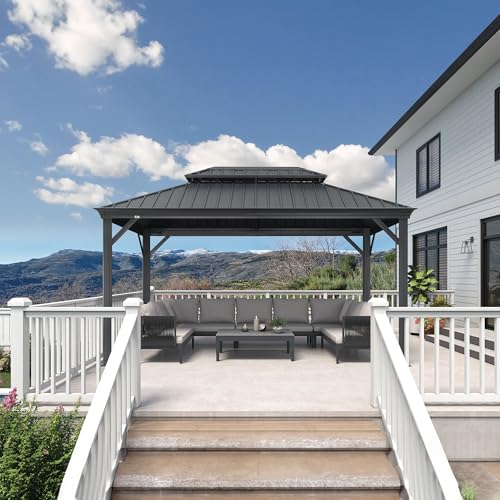 PURPLE LEAF 10' X 14' Permanent Hardtop Gazebo Aluminum Gazebo with Galvanized Steel Double Roof for Patio Lawn and Garden, Curtains and Netting Included, Grey