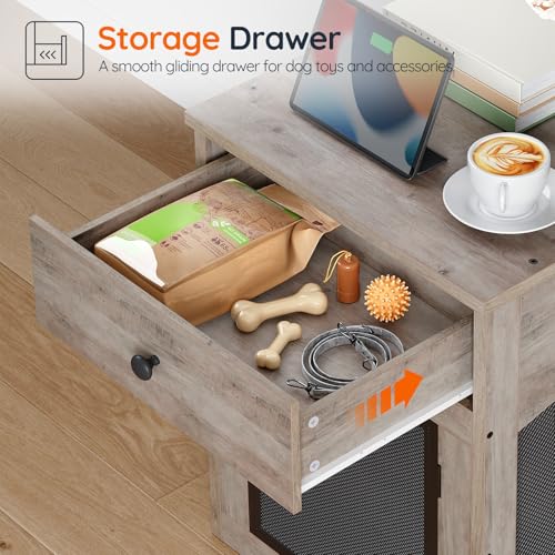 HOOBRO Dog Crate Furniture, Dog Kennel with Drawer and Charging Station, Indoor Decorative Puppy House, Wooden Pet Crate End Table for Small Dogs, Rustic Brown and Black BF58UGW03G1