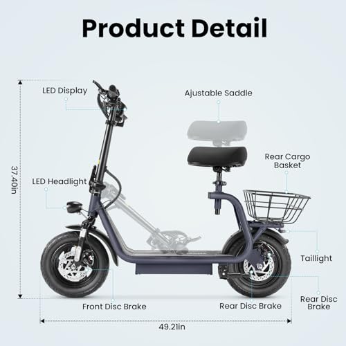 Caroma Peak 800W/1200W Electric Scooter Adults, 30 Miles Max Range, Foldable Electric Scooter with Seat, Front Suspension, Detachable Large Basket,Commuter E-Scooter for Adult and Teens