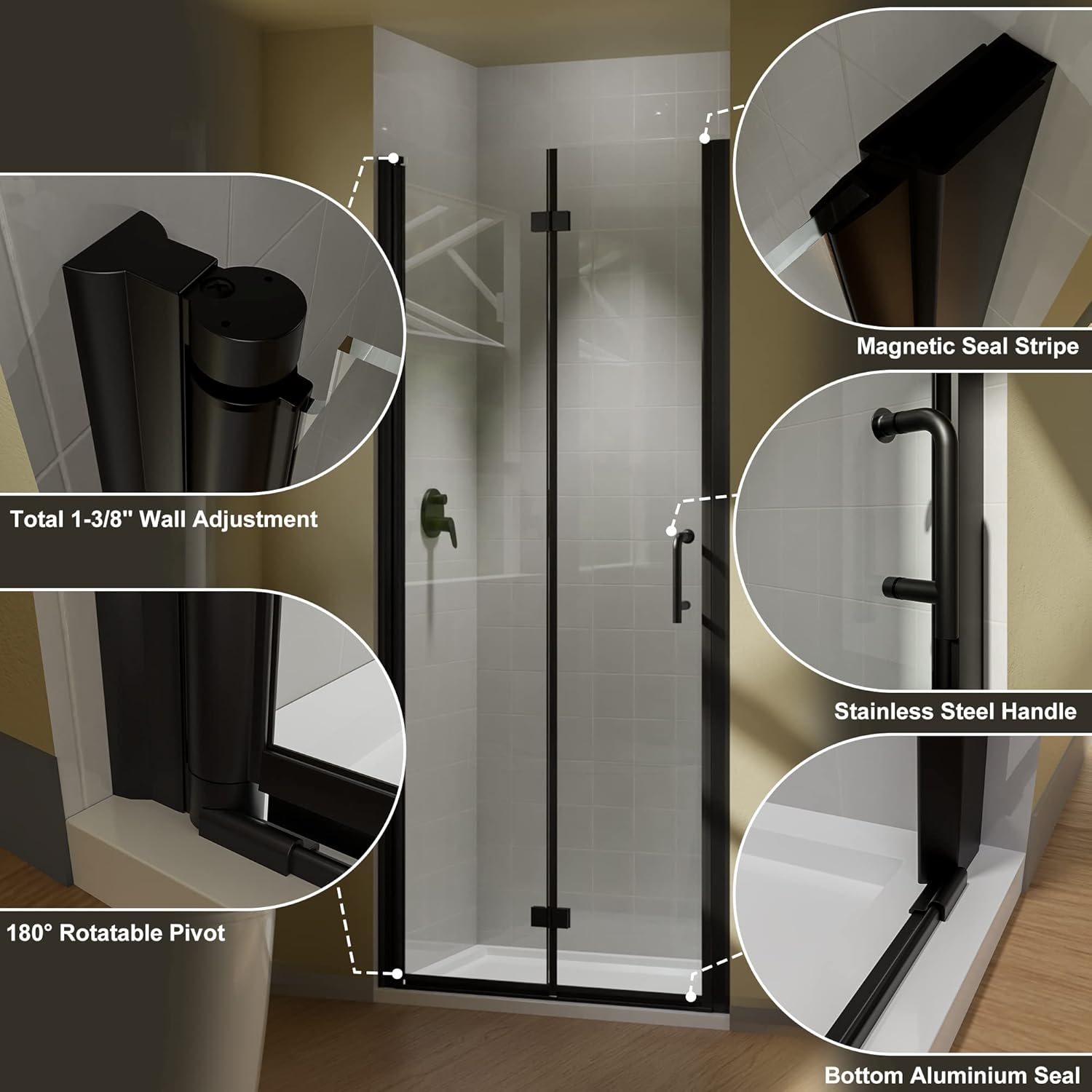Bifold Frameless Glass Shower Door 32 in.W x 72 in.H Pivot Swing Shower Doors with 1/4 in. Clear Tempered Shower Glass Panel in Matte Black Semi-Frameless Shower Door