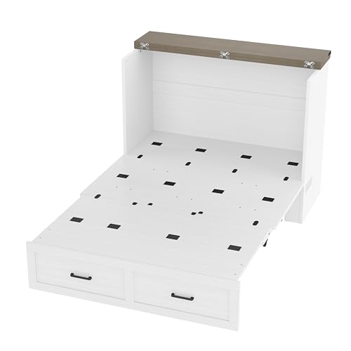 Bellemave Queen Murphy Bed, Cabinet Bed with Charging Station and Storage, Farmhouse Murphy Cabinet with Foldable Panel, Noisy Free, for Guest Bedroom, Living Room, Office, Rustic Gray