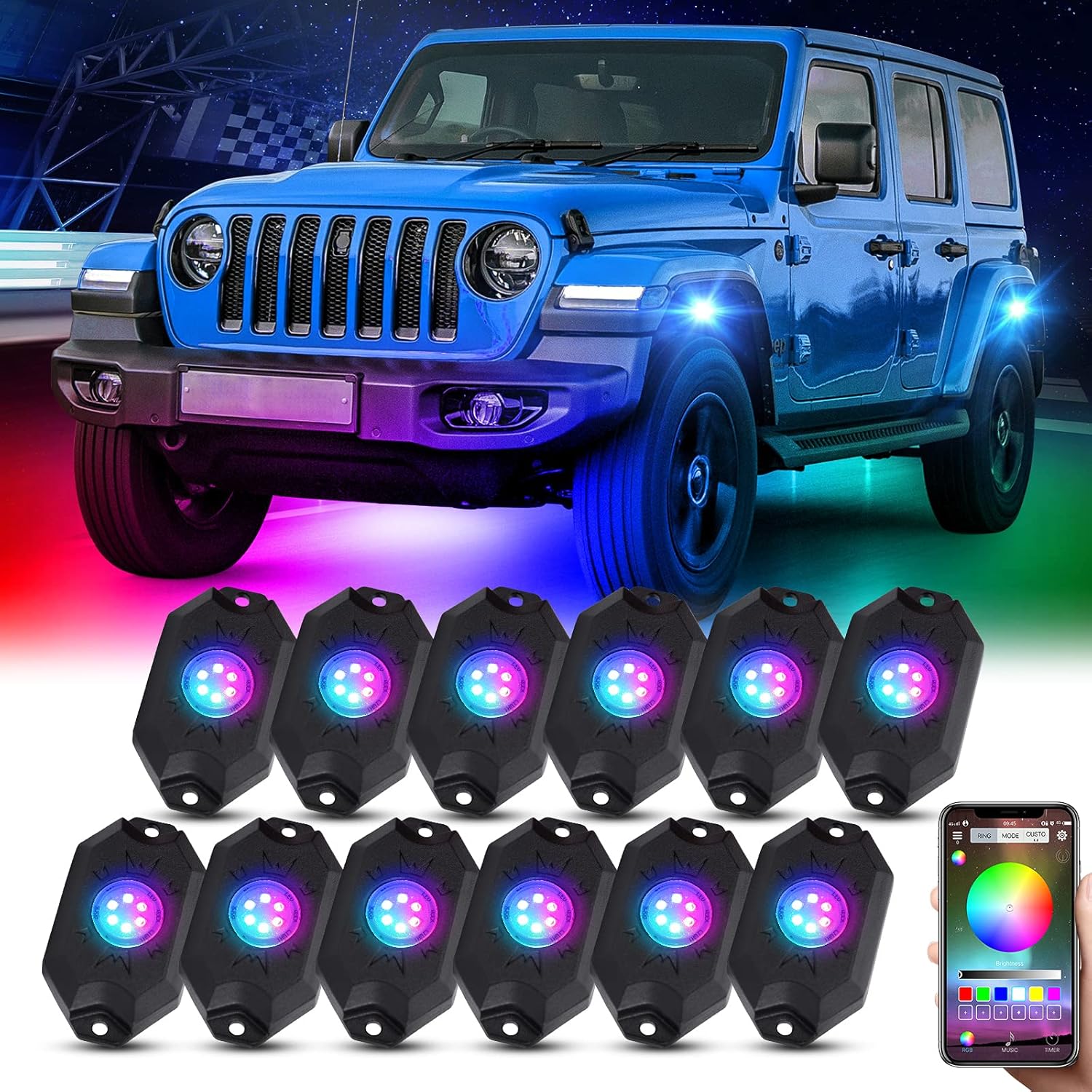 AMONLY RGBW Led Rock Lights Kit, Multicolor Underglow Waterproof Neon Lights With APP Control Timing Function Flashing Music Mode Exterior Light Compatible with Jeep Off Road Car Truck ATV UTV, 4 Pods