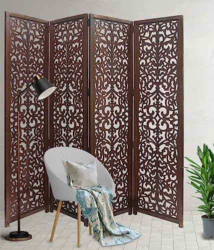Room Divider Wood Screen - Ghanti Bells Antique Brown - 4 Panel Folding 72 x 80 - Assembled Hand Carved Decorative Functional Versatile Portable Partition Reversible Privacy Boho - COTTON CRAFT