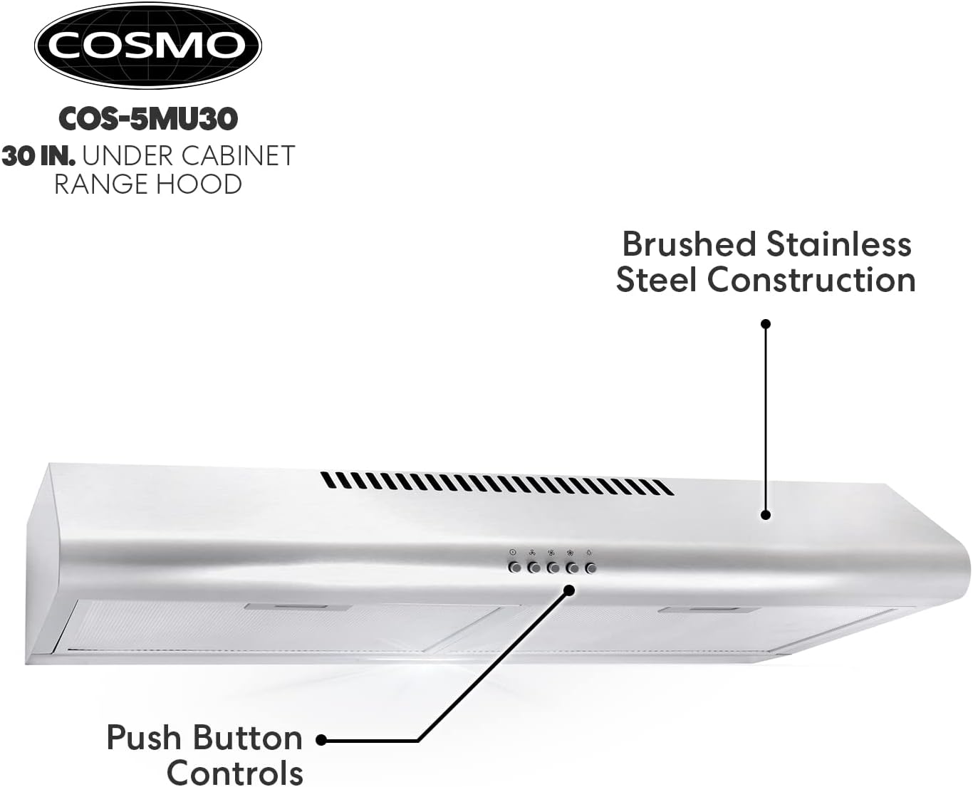 Cosmo COS-5MU36 36 in. Under Cabinet Range Hood Ductless Convertible Duct, Slim Kitchen Stove Vent with 3 Speed Exhaust Fan, Reusable Filter and LED Lights in Stainless Steel, 36 inch