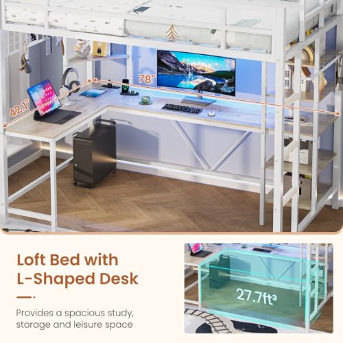 MSmask Loft Bed Twin Size with L Shaped Desk, LED Lights, Charging Station, Heavy Duty Metal Loft Bed Frame with 6 Storage Shelves, Safety Guard & Ladder, No Box Spring Needed, No Noise, Black