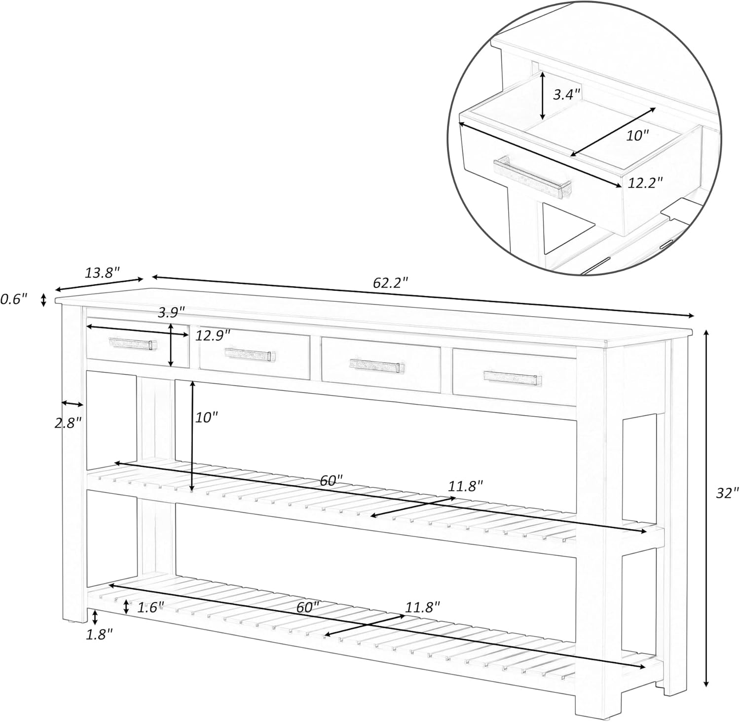 Modern 62'' Console Table Sofa Entryway Table with 4 Drawers and 2 Shelves, Acacia Wood Kitchen Buffet Cabinet Sideboard, Accent Table Furniture for Entryway Kitchen Living Room (Navy Blue-3.5)