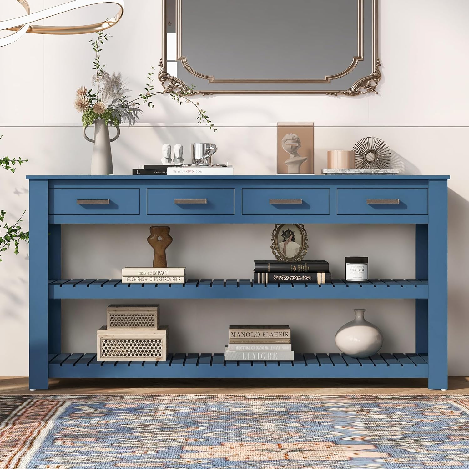 Modern 62'' Console Table Sofa Entryway Table with 4 Drawers and 2 Shelves, Acacia Wood Kitchen Buffet Cabinet Sideboard, Accent Table Furniture for Entryway Kitchen Living Room (Navy Blue-3.5)