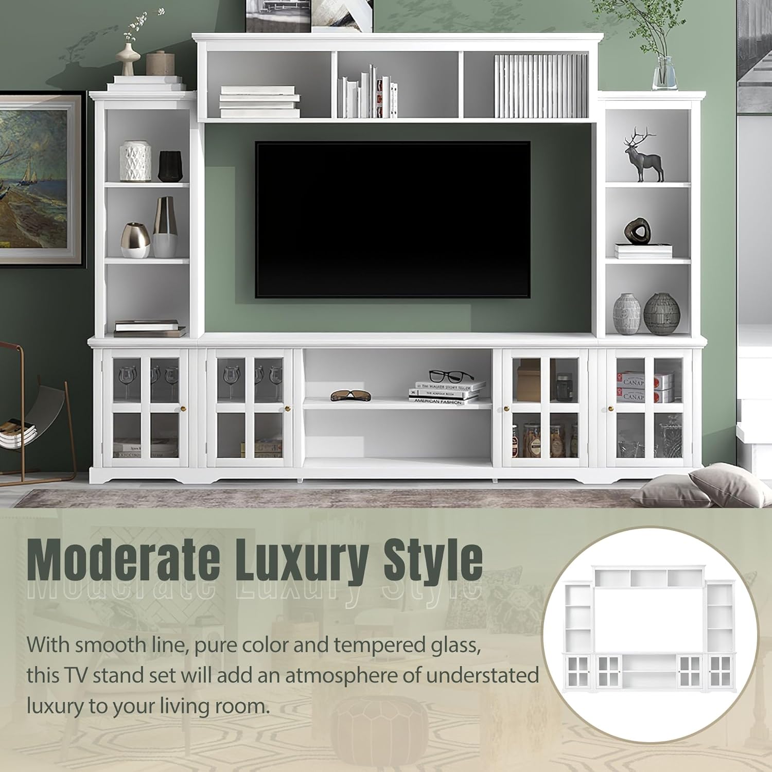 Entertainment Wall Unit with Bridge, Stand Media Console Table for TVs Up to 70" with Tempered Glass Door, Ample Storage Space for Living Room, White