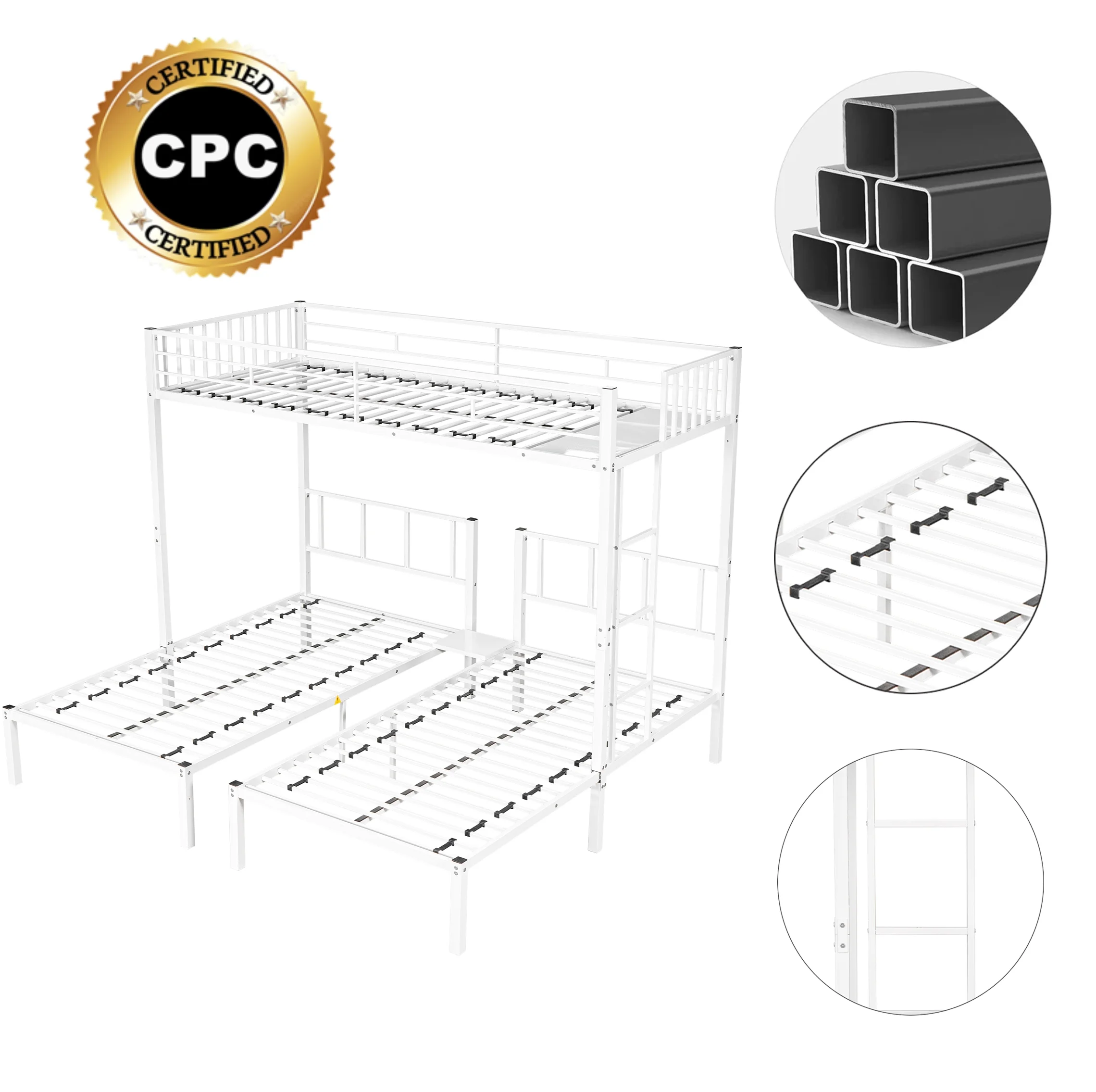 Triple Bunk Beds, Metal Twin XL over Twin & Twin Bunk Bed for 3, Kids Triple Bunk Can be Separated into 3 Beds (White)