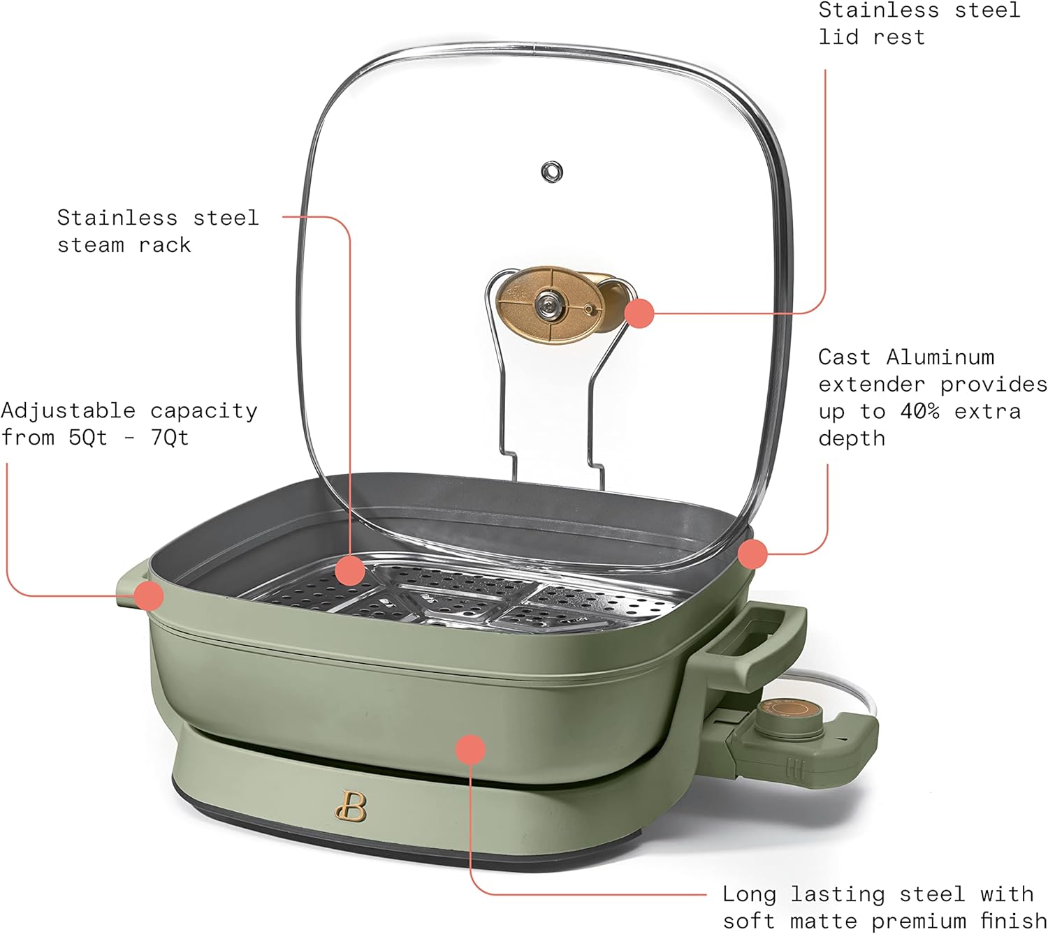 5-in-1 Electric Expandable Skillet, Sage Green by Drew Barrymore, Up to 7 QT