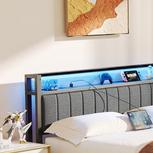 Queen Bed Frame with Storage Headboard and Footboard, Metal Platform Upholstered Bed Frame Queen Size with Charging Station, USB Ports and RGB LED Lights, No Box Spring Needed, Gray Queen Bed