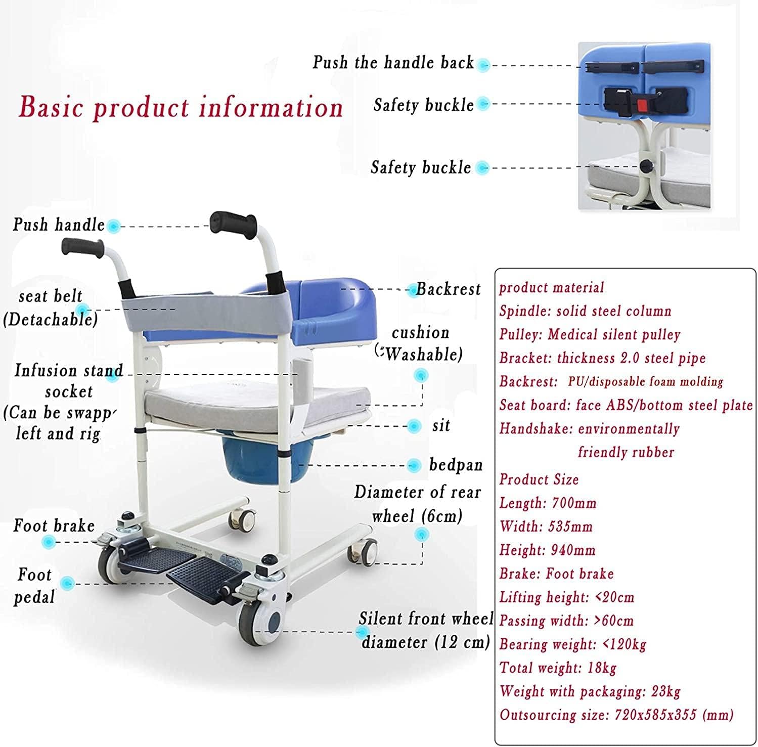 KOHARA Patient Moving Chair Handicapped Elderly Bath Chair Easy Transfer to Toilet and Bathroom, with Removable Cushion and Commode, Multi-Function Patient Wheelchair,Brown