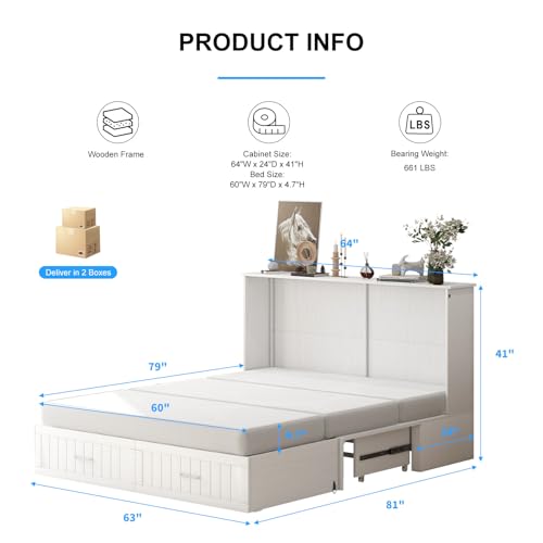 Queen Murphy Bed, Murphy Cabinet Bed with Tri-fold Mattress & USB Charging Station, Murphy Chest Bed with 2 Storage Drawer, Multi-functional Murphy Bed Cube Cabinet for Guest Room