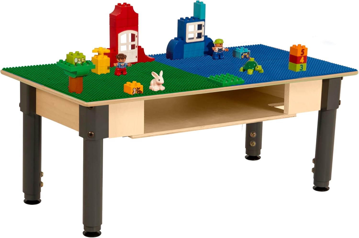 Time-2-Play Montessori Kids Play Table, Blue & Green Reactangular Activity Table with Storage for Toddlers Compatible with Duplo Building Blocks [12”-17” Adjustable Legs]