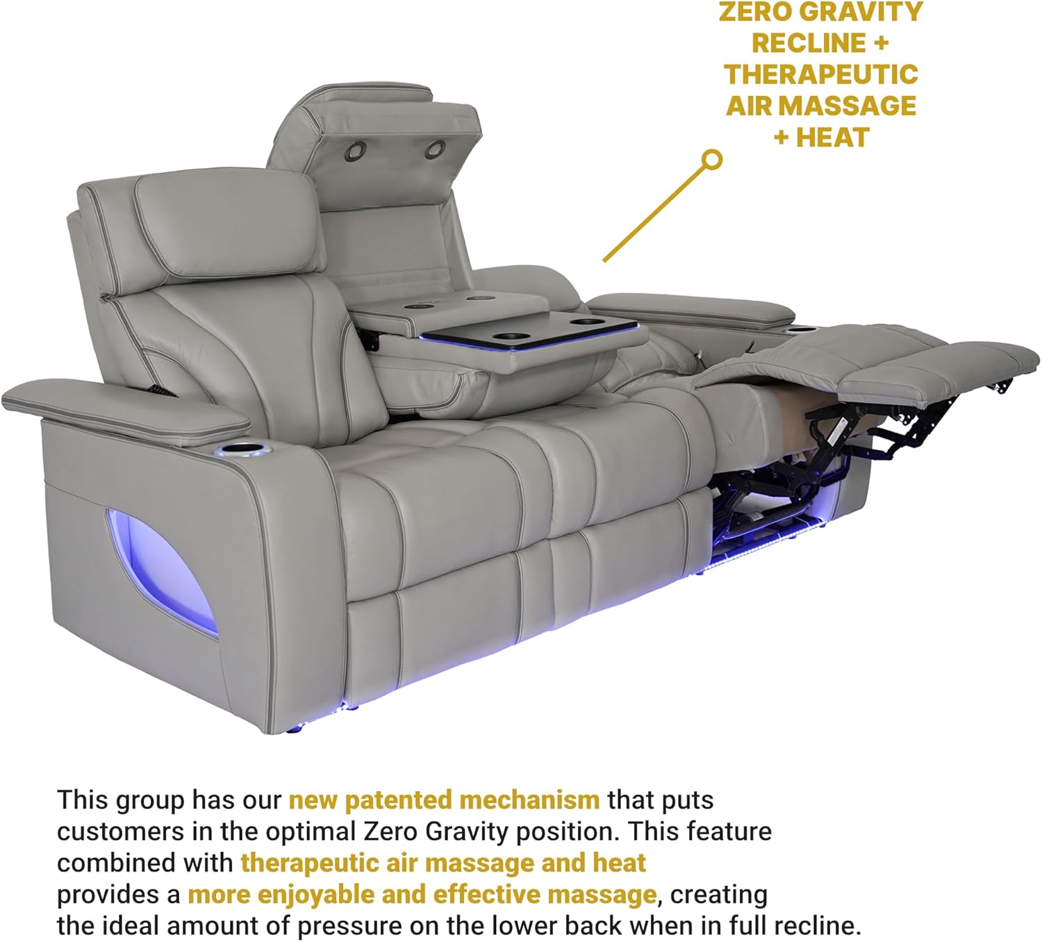 Armen Living Octavia Modern Zero Gravity Power Reclining Heated Massage Sofa, 86" Wide, Silver and Gray Top Grain Leather