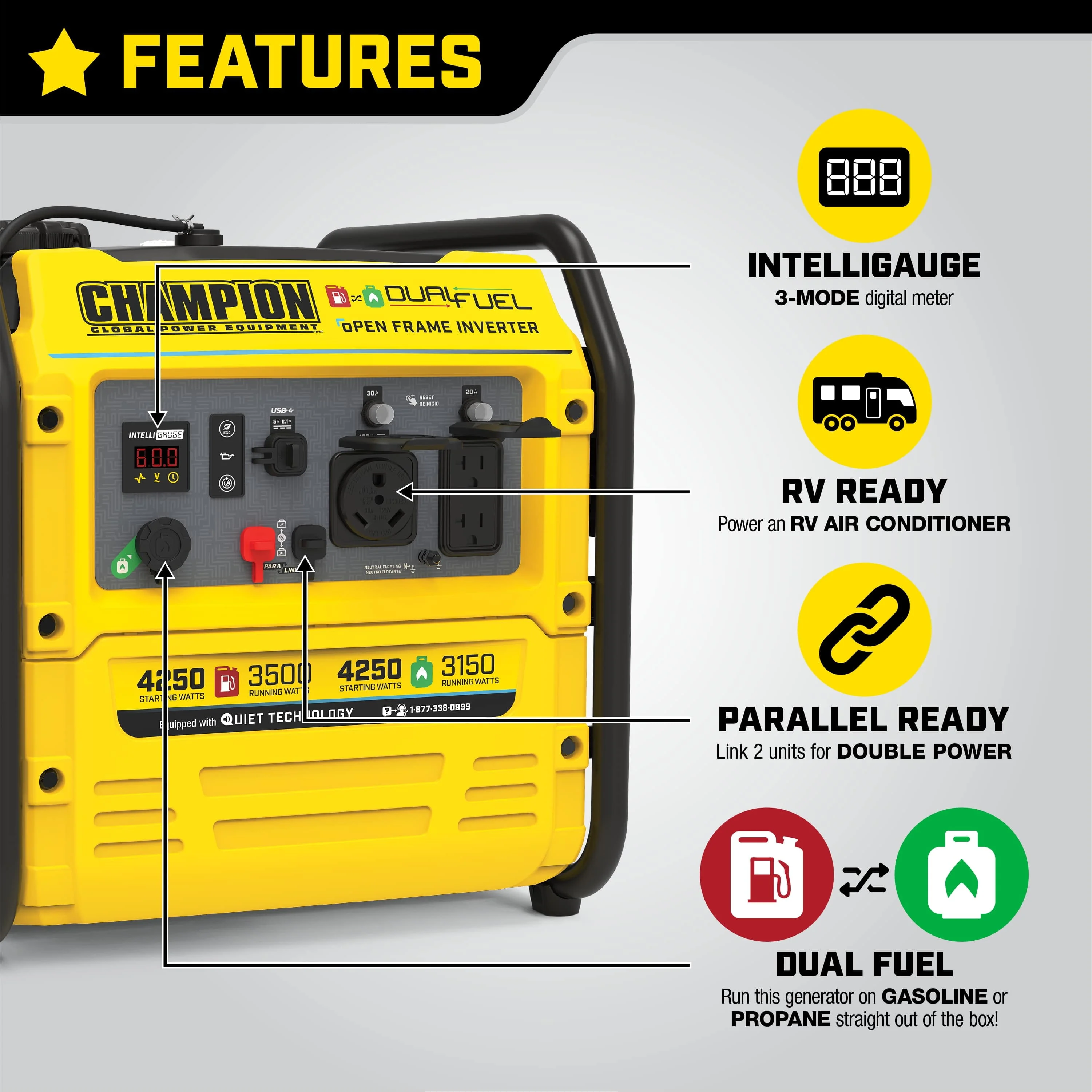 Champion Power Equipment 4250-Watt Dual Fuel RV Ready Open Frame Inverter Generator