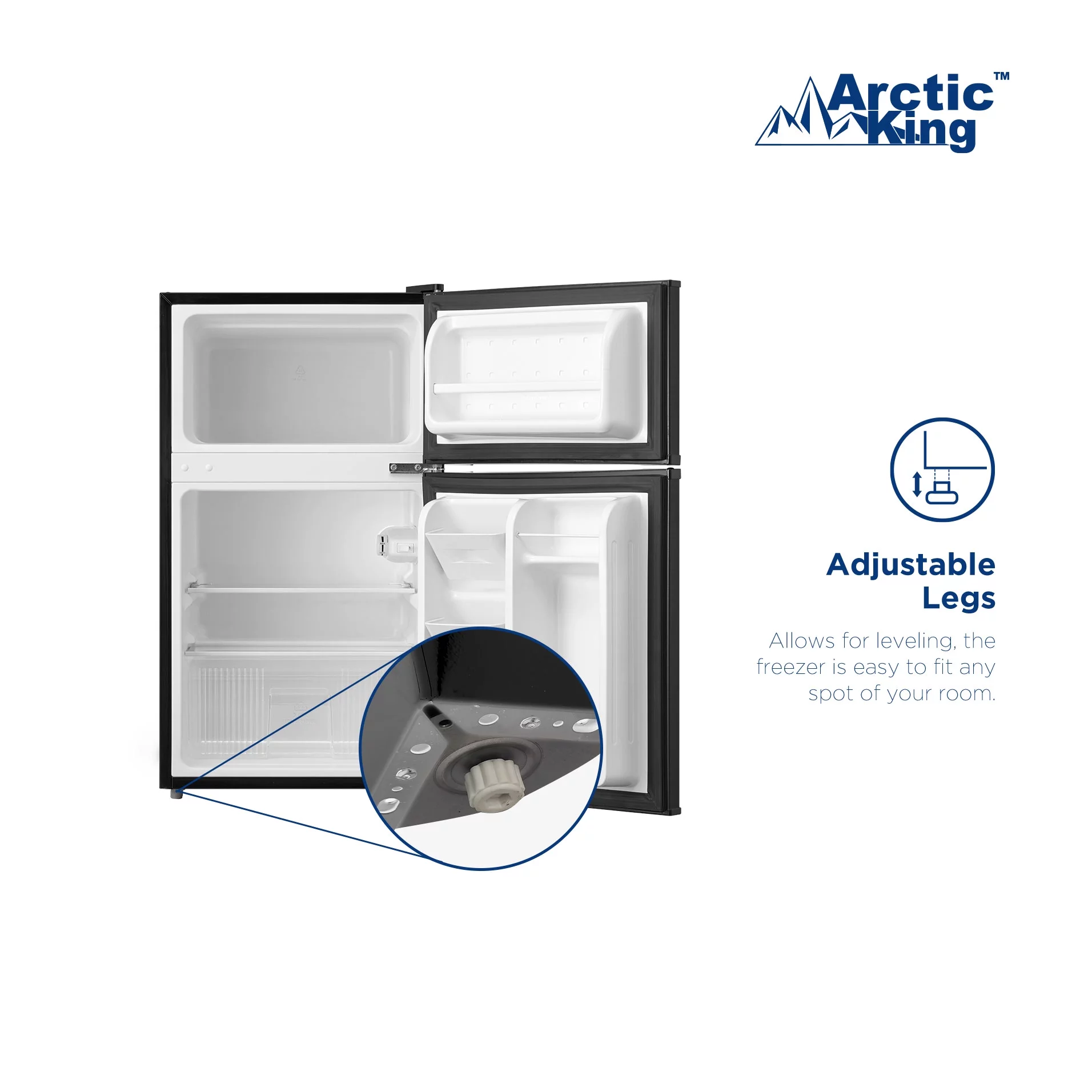 Arctic King 3.2 Cu ft Two Door Mini Fridge with Freezer, Black, E-Star, ARM32D5ABB