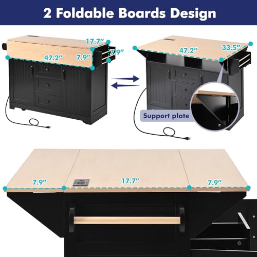 Rolling Kitchen Island with 2 Drop Leaf and Power Outlet, Island Table on Wheels with Towel Rack and Spice Rack, Kitchen Cart with Storage Cabinet and Drawers (White)