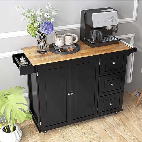 GOFLAME Kitchen Island Cart with Drop Leaf, Rolling Kitchen Cart on Wheels with Rubber Wood Top, 3 Drawers, Towel & Spice Rack, 2-Door Cabinet, Serving Trolley Cart for Kitchen Dining Room (White)