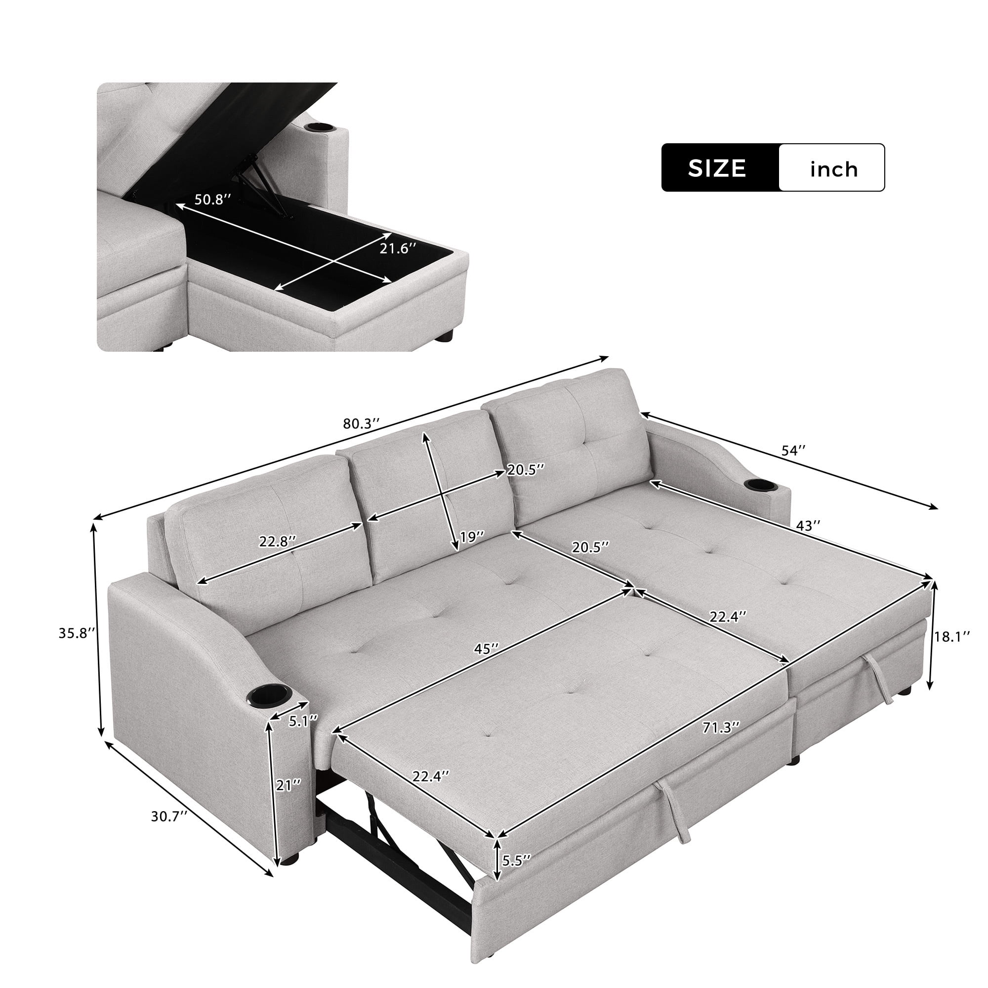 Euroco 80" Pull Out Sofa Bed L Shape Sofa with Storage Chaise and Cup Holder, Linen Fabric 3 Seater Couch, Gray