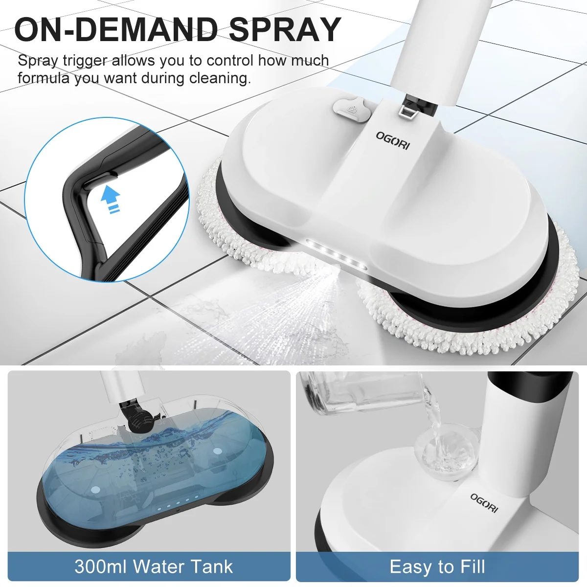 OGORI Cordless Electric Spin Mops Built-in 300ml Water Tank,Reusable Microfiber Cleaning, LED Headlight and Sprayer for Hardwood, Tile & Laminate Floors