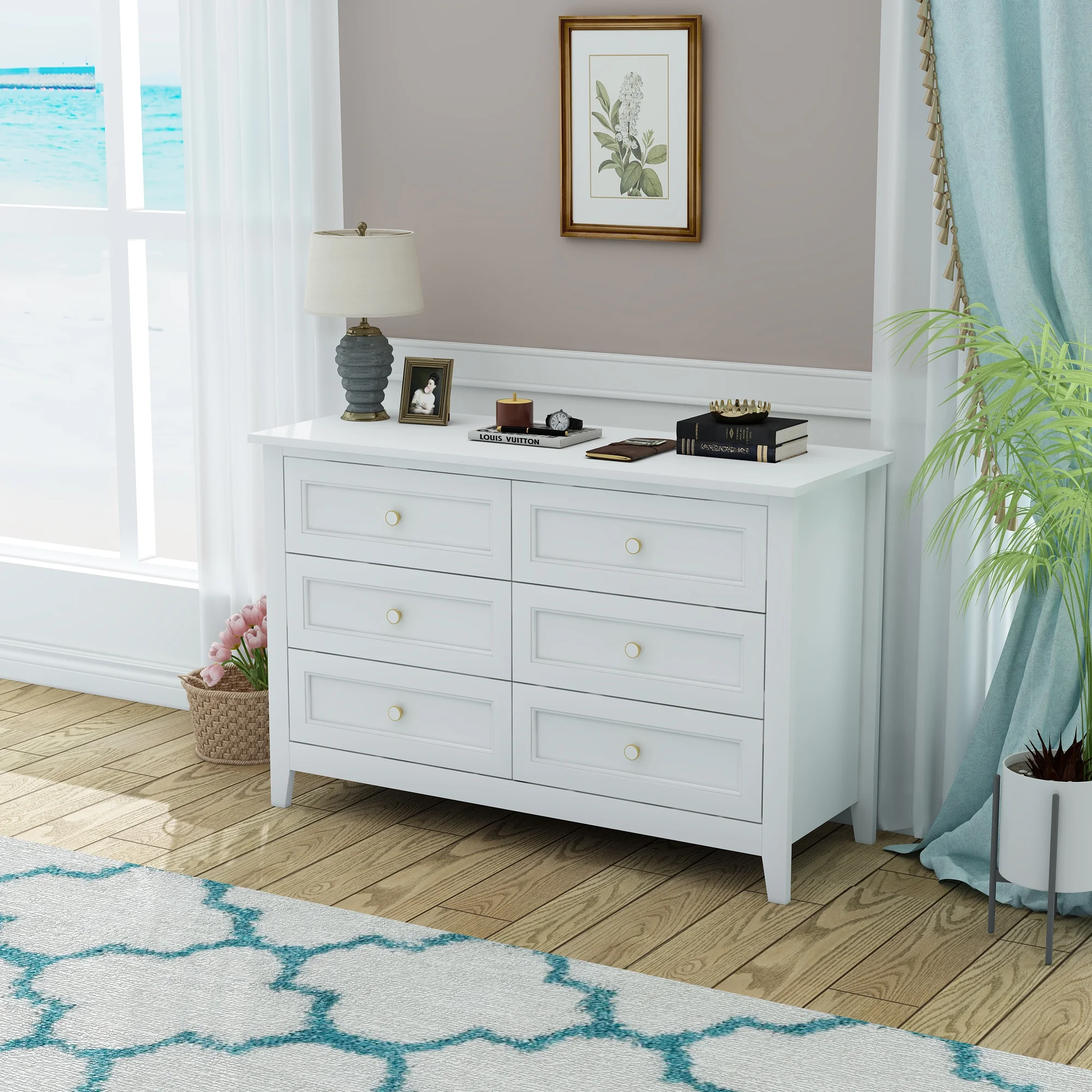 Birch Solid Wood Dresser Double Chest of 6 Drawers Bedroom Storage White