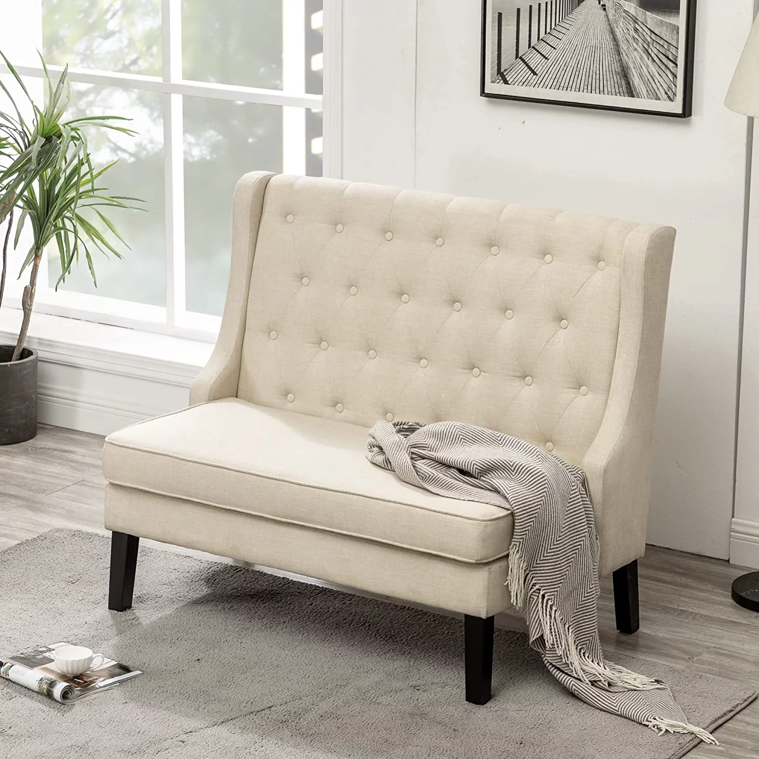 Loveseat Settee Bench with Natural Rattan Arms,Upholstered Modern High-Back Mini Sofa Couch,Banquette Dining Bench for Living Dining Room Bedroom Office Small Space Entryway,Light Grey