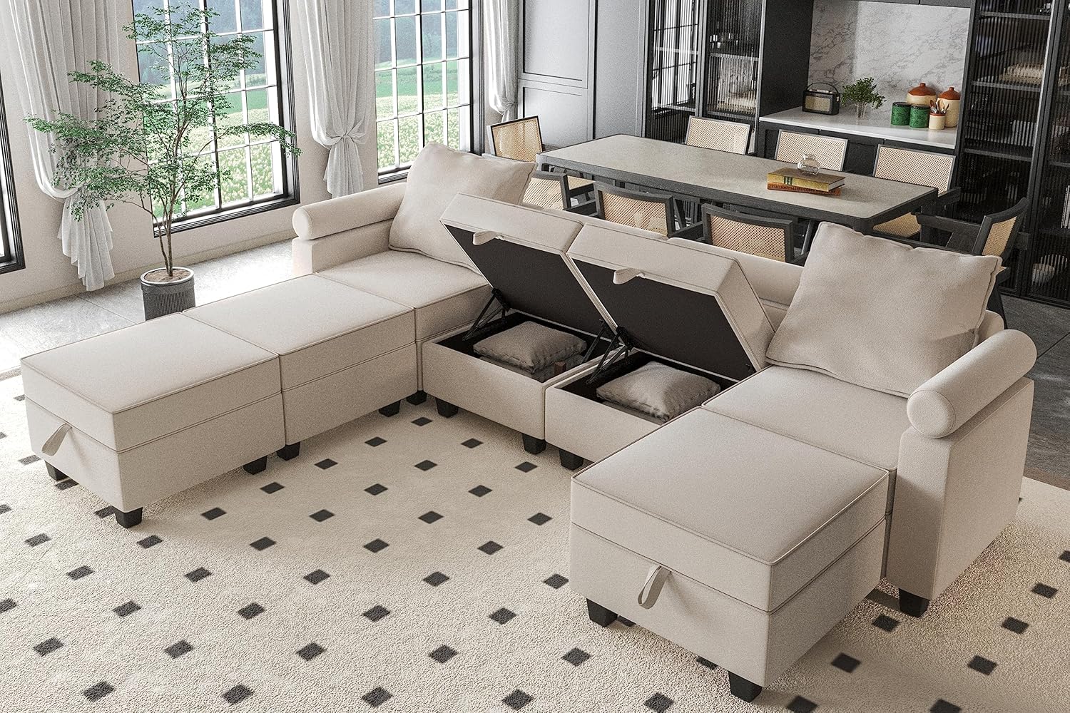 Kingfun Modular Sectional Sofa, Convertible 7-seated Couch with Storage Seat and Adjustable Armrest, Reversible Chaises and Ottoman, Oversized Sleeper Sofa for Living Room, Beige