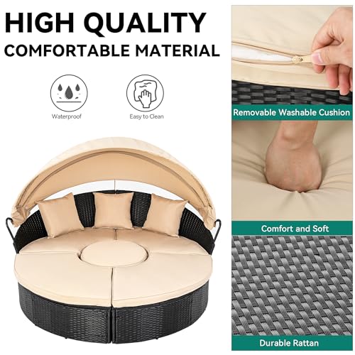 YITAHOME Outdoor Patio Wicker Daybed Furniture Set with Retractable Canopy, Storable Side Table, and Soft Cushions for Relaxing in your Backyard or Porch, Light Brown and Beige