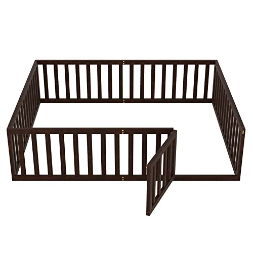 Twin Size Floor Bed Frame with Safety Fence and Door, Solid Wood Toddler Floor Bed with Fence, Twin Montessori Floor Bed Frame for Kids Girls Boys, Natural