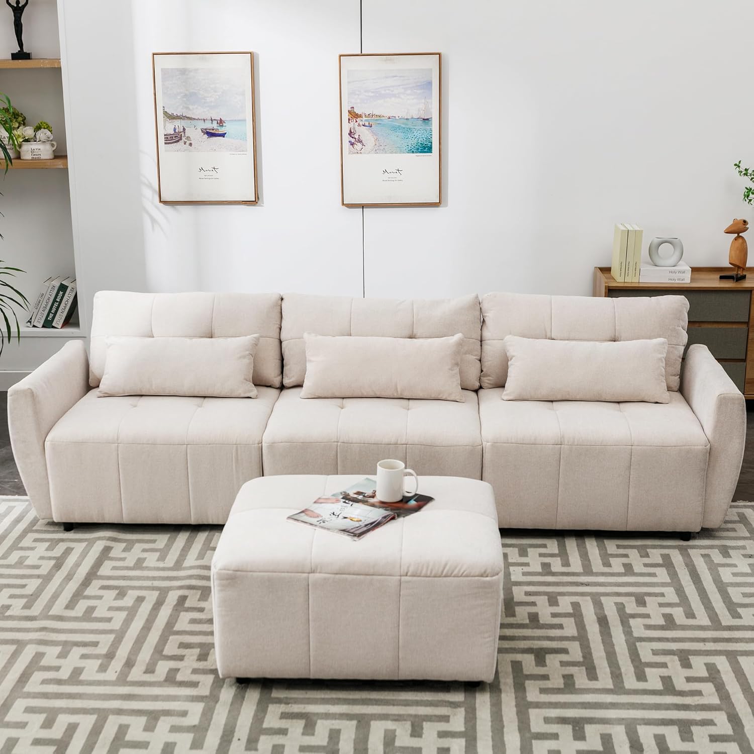 Living Room Furniture Sets, Oversized 114" Convertible Sectional Sofa,5-Seat L-Shaped Couch with Movable Ottoman and USB,Extra Comfy Upholstered Cloud for Large Space Apartment Office, Beige