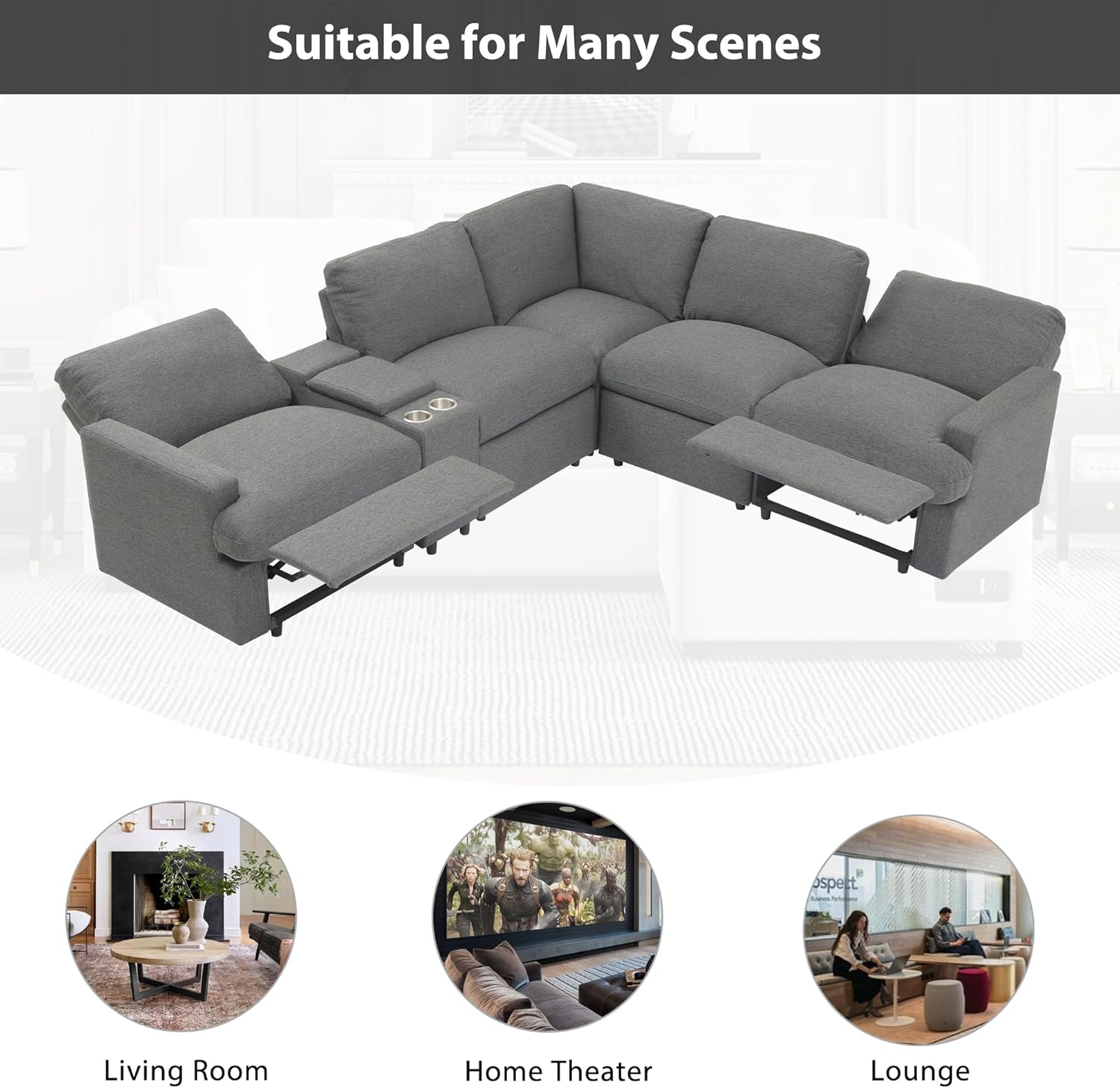 Merax 104'' L-shaped Power Recliner Sofa Couch, Modern Home Theater Reclining Sectional Corner Sofa with Storage Box, Cup Holders, USB Ports, and Power Socket for Living Room, Apartment, Dark Grey