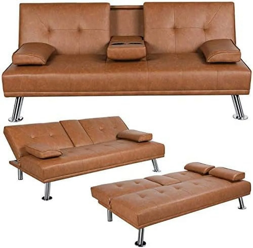 SJOPLMN Convertible Sofa Bed Adjustable Couch Sleeper Modern Faux Leather Home Recliner Reversible Loveseat Folding Daybed Guest Bed  Removable Armrests  Cup Holders  3 Angles  772lb Capa - Curated Treasures Market