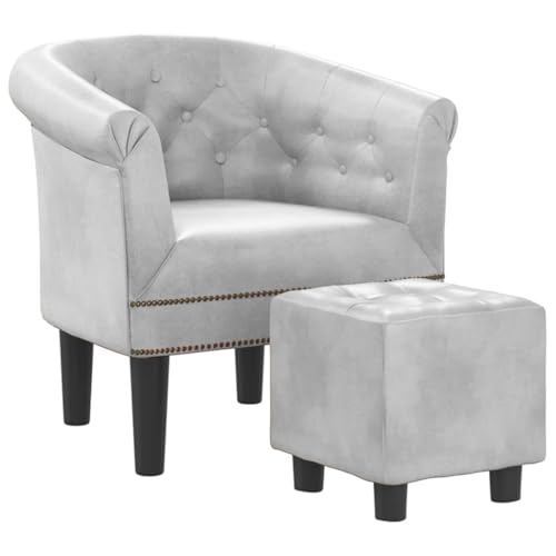 Tub Chair with Footstool Silver Faux Leather,Elegant Silver Tub Chair with Footstool: for Home or Office Living Room Furniture
