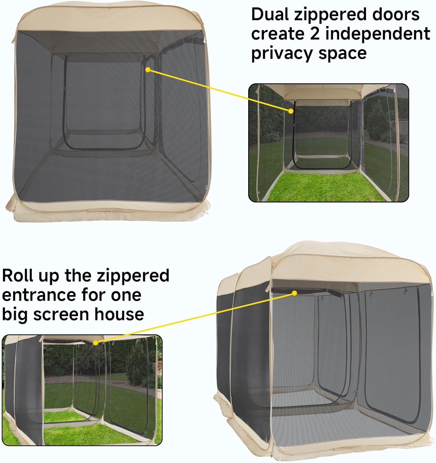 Alvantor Screen House Room 2024 Upgraded 2 in 1 Screen Tent Pop Up Gazebo with Mesh Mosquito Netting, Sun Shade Outdoor Canopy for Patio, Camping, Backyard and Outside Activities- 12' x 7.5', Beige