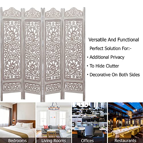 Room Divider Wood Screen - Ghanti Bells Antique Brown - 4 Panel Folding 72 x 80 - Assembled Hand Carved Decorative Functional Versatile Portable Partition Reversible Privacy Boho - COTTON CRAFT