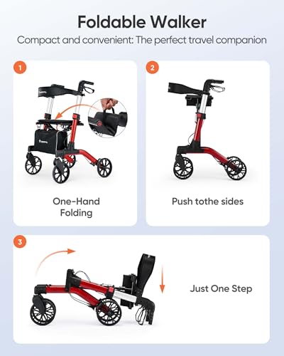 Rollator Walker with Seat, Foldable Rolling Walker with Durable Aluminum, Height Adjustable, 8" Big Wheels for All Terrain, Ergonomic Seat and Backrest,Lightweight Walkers for Seniors Adult (Red)