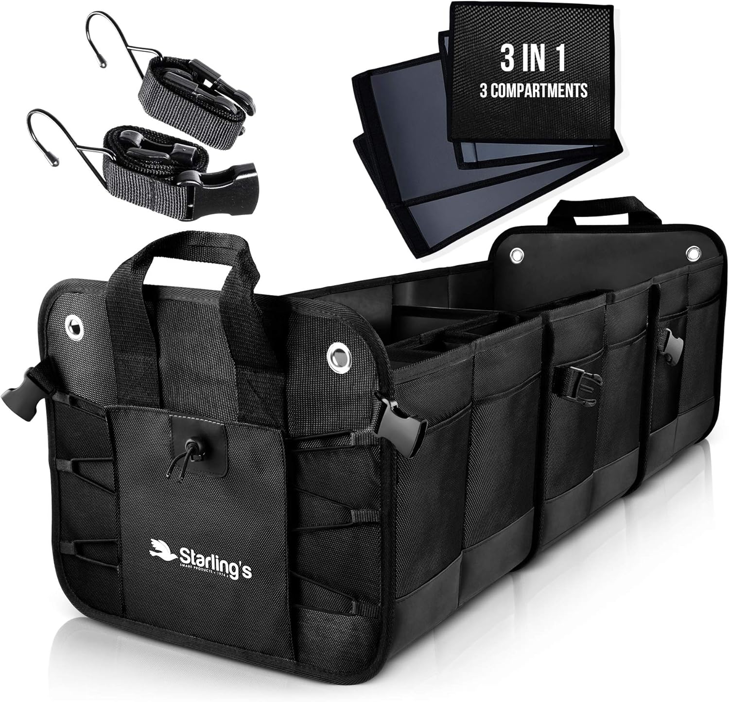Starling's Car Trunk Organizer - Durable Storage SUV Cargo Organizer Adjustable (Black, 3 Compartments) Pack of 2