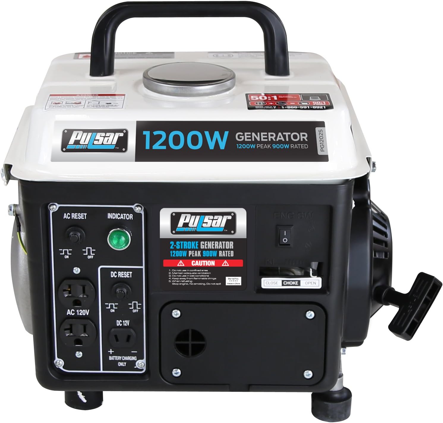 Pulsar 1,200W Carrying Handle, PG1202S Gas-Powered Portable Generator, 1200W, Black/White