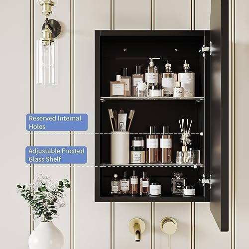 Victorian-Style Recessed Bathroom Medicine Cabinet, Wood Wall Cabinet with 16.5"x24" Curved Mirror, Bathroom Storage Cabinet, Black, Left-Swing Door
