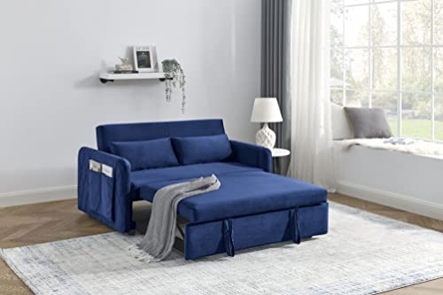 Pull Out Sofa Bed, Velvet Sleeper Sofa Loveseat Sofa Bed, Futon Sofa Bed Lounge Sofa with Reclining Backrest, Toss Pillows, Pockets, Convertible Sleeper Sofa Bed-Black